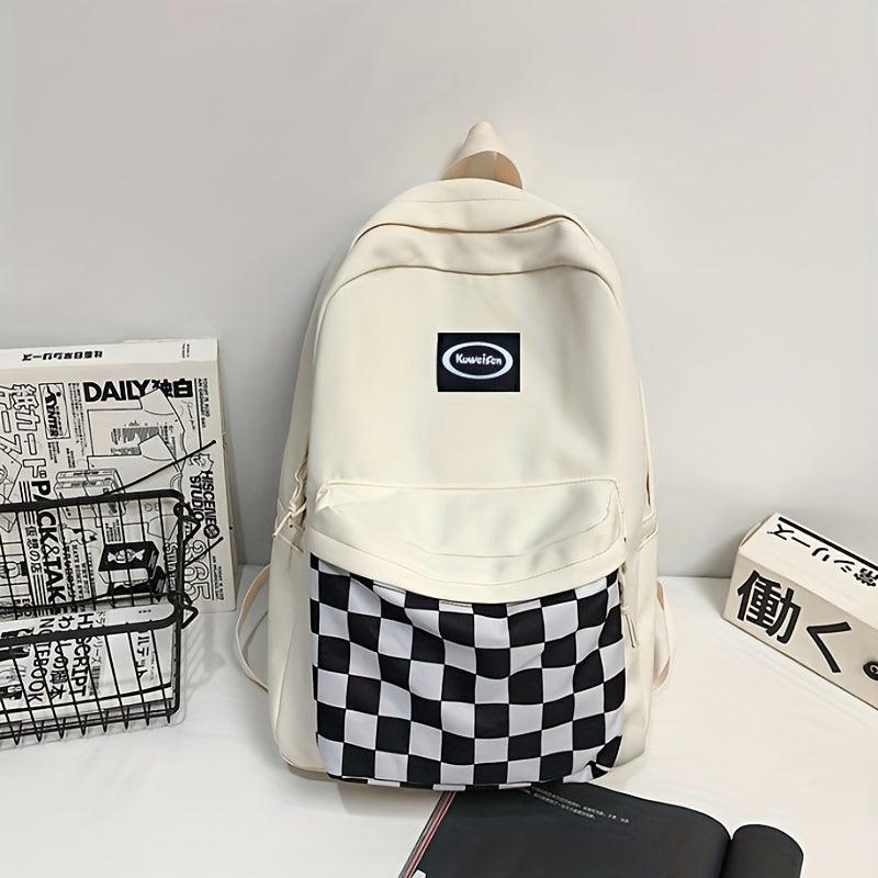 Checkerboard Pattern School Bag Large Capacity Zipper Backpack