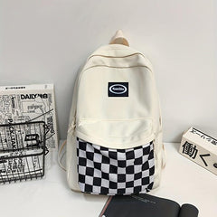 Checkerboard Pattern School Bag Large Capacity Zipper Backpack
