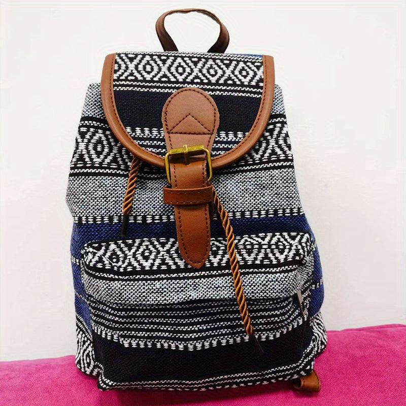 Vintage Canvas Flap Backpack Boho Style Drawstring Daypack