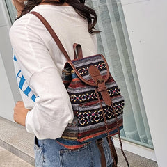 Vintage Canvas Flap Backpack Boho Style Drawstring Daypack