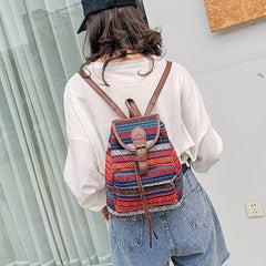 Vintage Canvas Flap Backpack Boho Style Drawstring Daypack