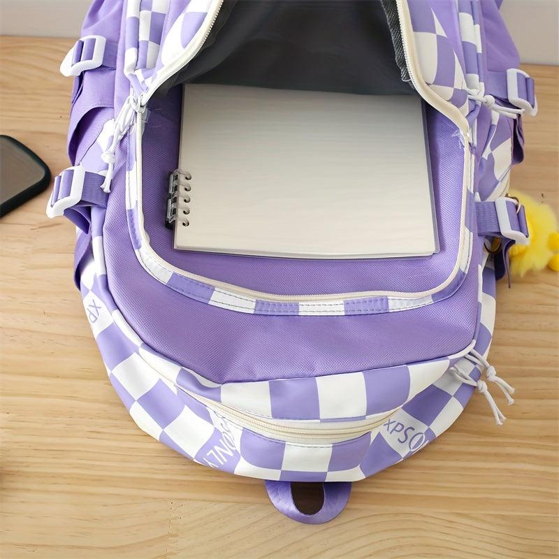 4PCS Checkered Print Preppy Backpack Lightweight Functional Laptop Backpack Larg