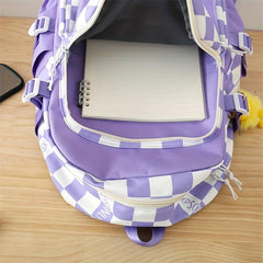 4PCS Checkered Print Preppy Backpack Lightweight Functional Laptop Backpack Larg