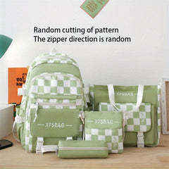 4PCS Checkered Print Preppy Backpack Lightweight Functional Laptop Backpack Larg