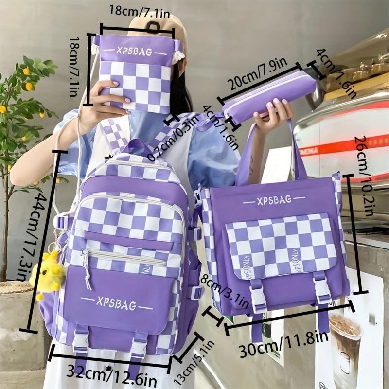 4PCS Checkered Print Preppy Backpack Lightweight Functional Laptop Backpack Larg