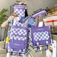 4PCS Checkered Print Preppy Backpack Lightweight Functional Laptop Backpack Larg