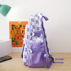 4PCS Checkered Print Preppy Backpack Lightweight Functional Laptop Backpack Larg