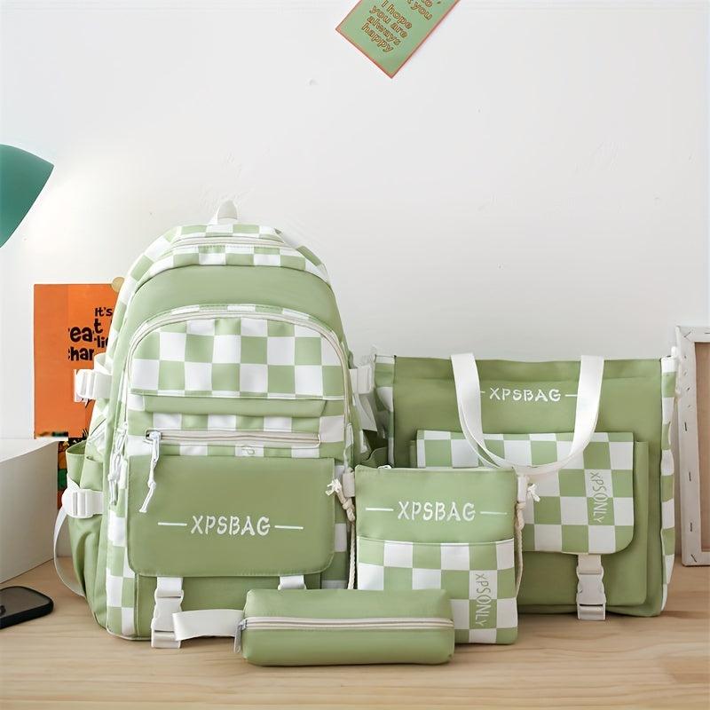 4PCS Checkered Print Preppy Backpack Lightweight Functional Laptop Backpack Larg