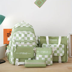 4PCS Checkered Print Preppy Backpack Lightweight Functional Laptop Backpack Larg