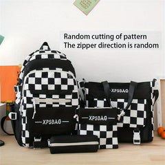 4PCS Checkered Print Preppy Backpack Lightweight Functional Laptop Backpack Larg