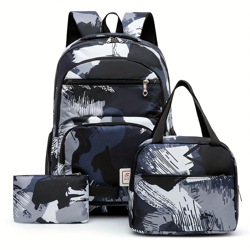 3pcs Brush Pattern Backpack Set Casual Student Bookbag