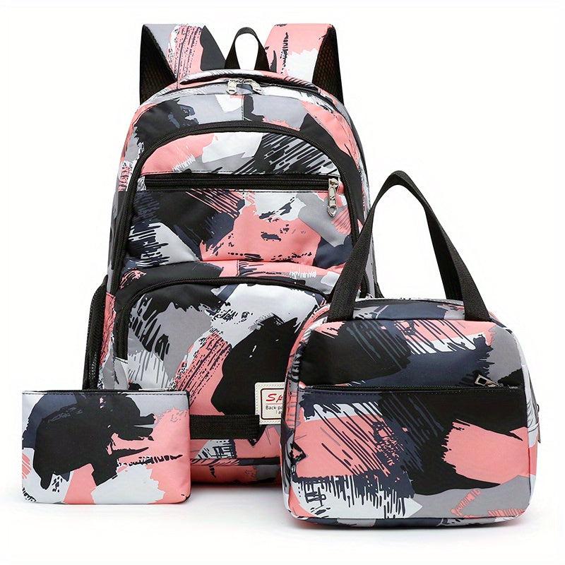 3pcs Brush Pattern Backpack Set Casual Student Bookbag