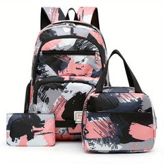 3pcs Brush Pattern Backpack Set Casual Student Bookbag