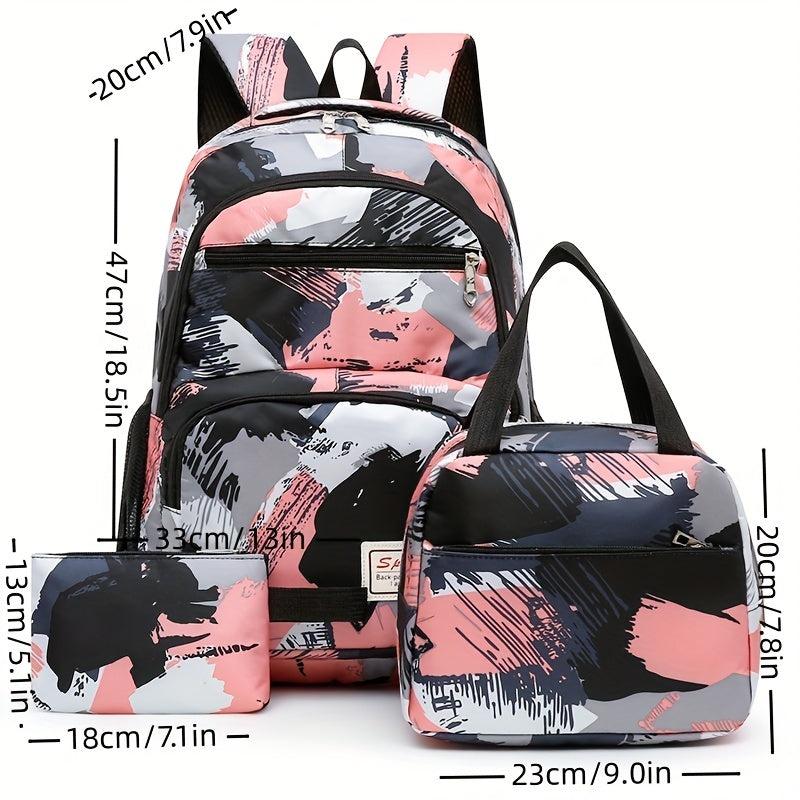 3pcs Brush Pattern Backpack Set Casual Student Bookbag