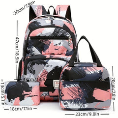 3pcs Brush Pattern Backpack Set Casual Student Bookbag