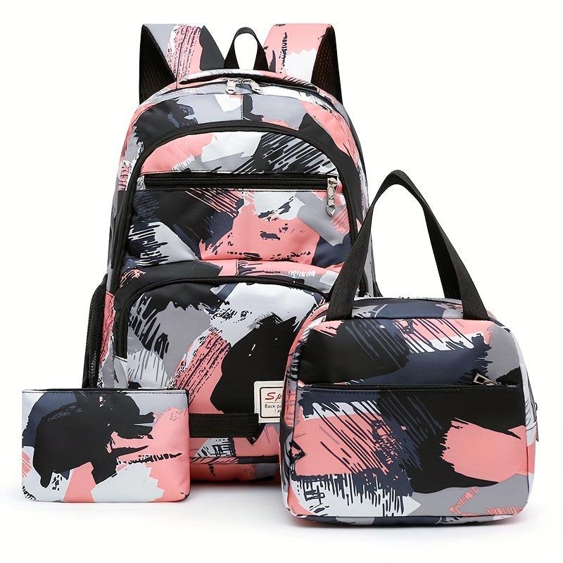 3pcs Brush Pattern Backpack Set Casual Student Bookbag