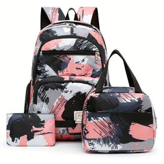 3pcs Brush Pattern Backpack Set Casual Student Bookbag