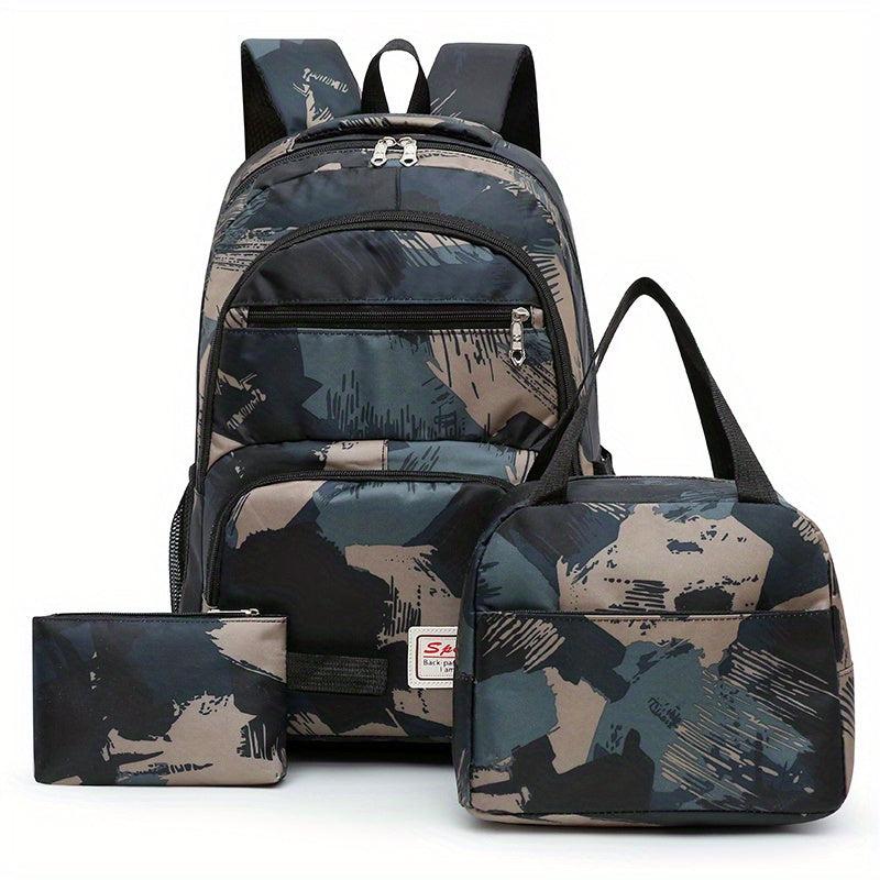 3pcs Brush Pattern Backpack Set Casual Student Bookbag
