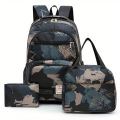 3pcs Brush Pattern Backpack Set Casual Student Bookbag