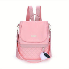 Quilted Flap Backpack Purse Nylon Travel Shoulder Bag Pompom Decor