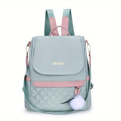 Quilted Flap Backpack Purse Nylon Travel Shoulder Bag Pompom Decor