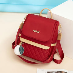 Quilted Flap Backpack Purse Nylon Travel Shoulder Bag Pompom Decor