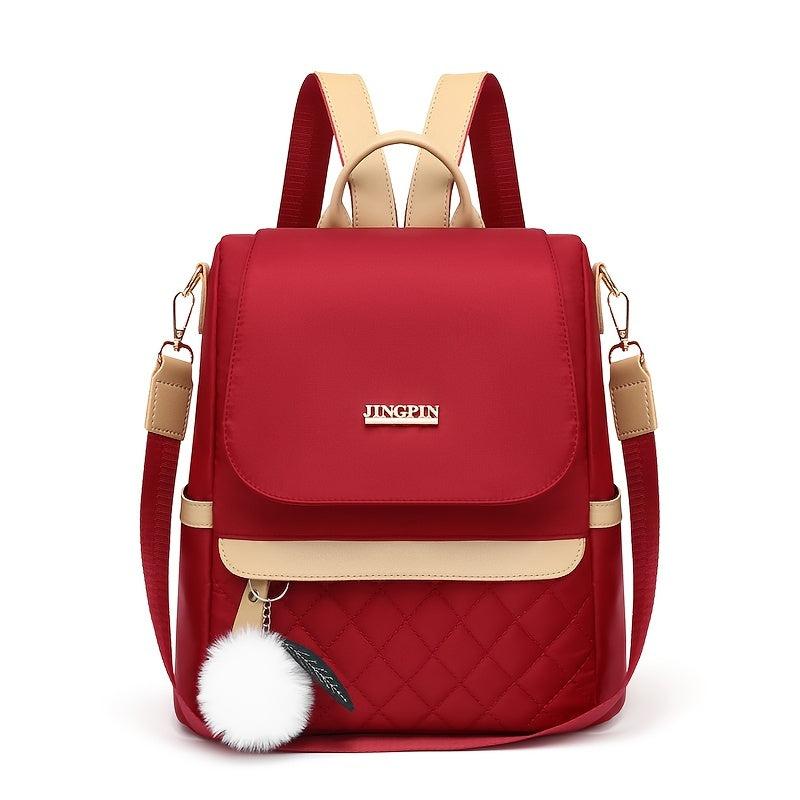 Quilted Flap Backpack Purse Nylon Travel Shoulder Bag Pompom Decor