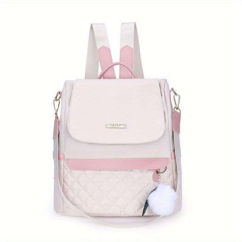 Quilted Flap Backpack Purse Nylon Travel Shoulder Bag Pompom Decor