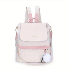 Quilted Flap Backpack Purse Nylon Travel Shoulder Bag Pompom Decor