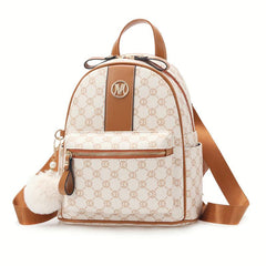 Geometric Pattern Zipper Backpack with Fuzzy Ball Decor