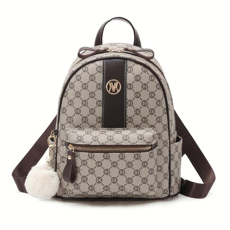 Geometric Pattern Zipper Backpack with Fuzzy Ball Decor