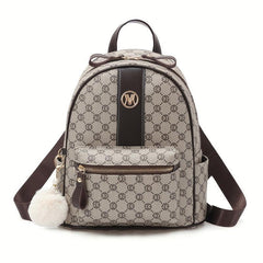 Geometric Pattern Zipper Backpack with Fuzzy Ball Decor