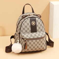 Geometric Pattern Zipper Backpack with Fuzzy Ball Decor