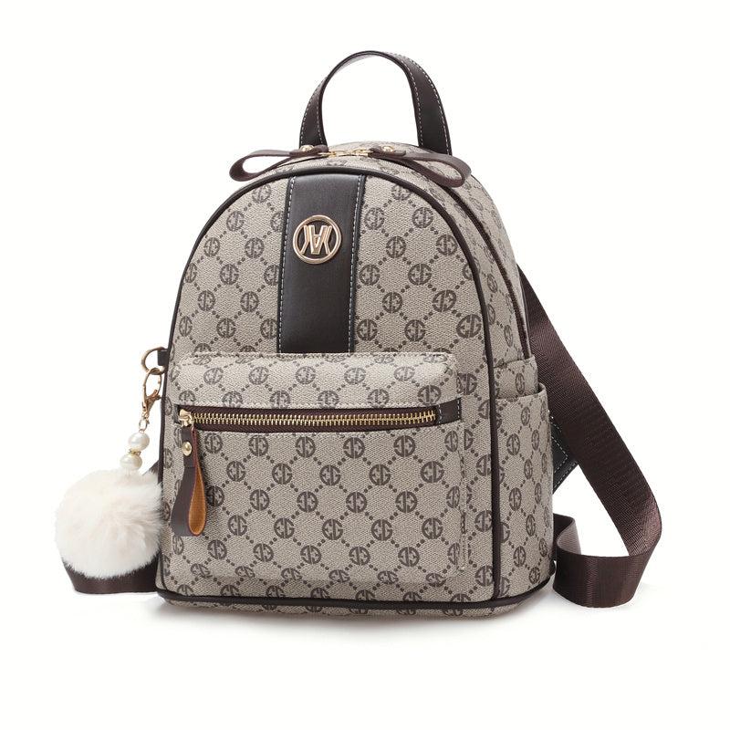 Geometric Pattern Zipper Backpack with Fuzzy Ball Decor
