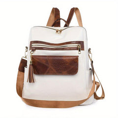 Tassel Decor PU Leather Backpack Large Capacity Waterproof School Bag