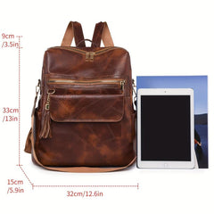 Tassel Decor PU Leather Backpack Large Capacity Waterproof School Bag