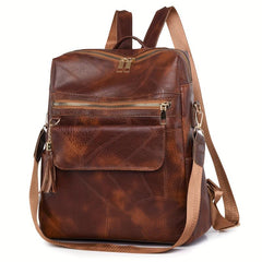 Tassel Decor PU Leather Backpack Large Capacity Waterproof School Bag