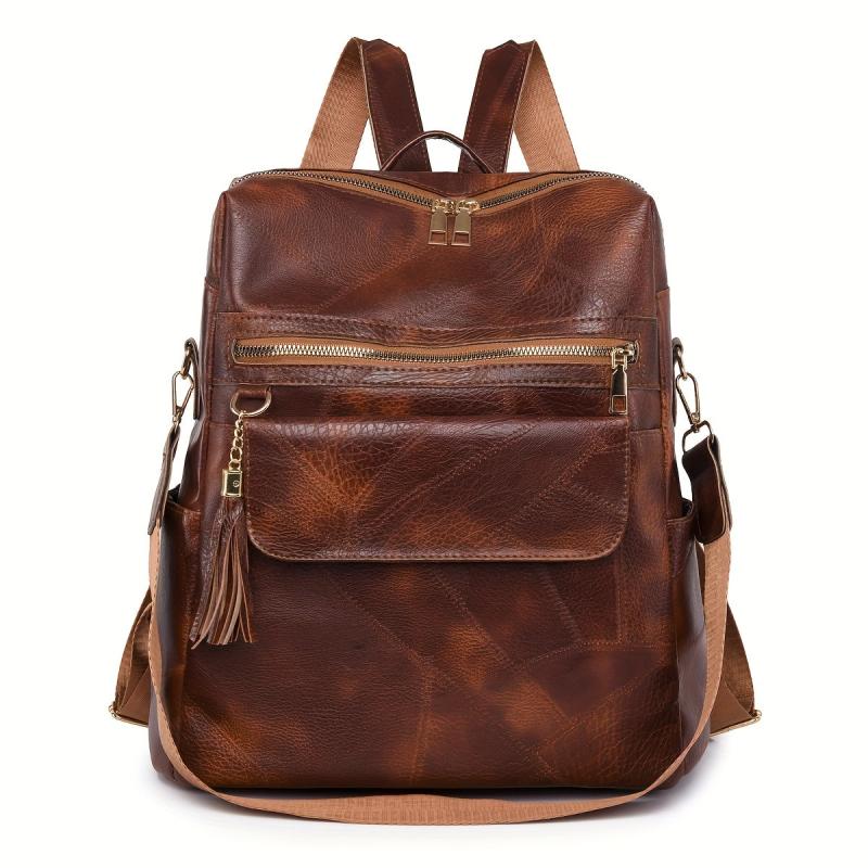 Tassel Decor PU Leather Backpack Large Capacity Waterproof School Bag