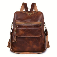 Tassel Decor PU Leather Backpack Large Capacity Waterproof School Bag