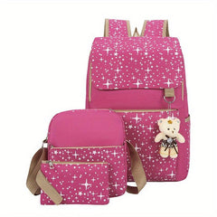 3pcs Large Capacity Backpack Shoulder Bag Cultch Set Canvas Stars Printed