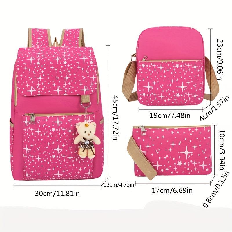 3pcs Large Capacity Backpack Shoulder Bag Cultch Set Canvas Stars Printed