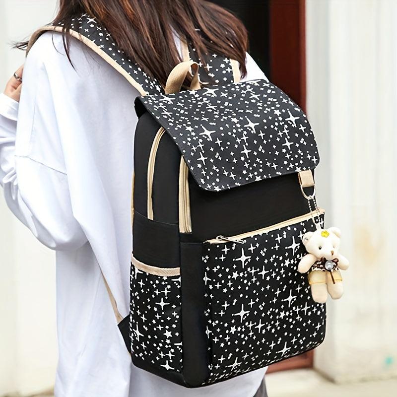 3pcs Large Capacity Backpack Shoulder Bag Cultch Set Canvas Stars Printed