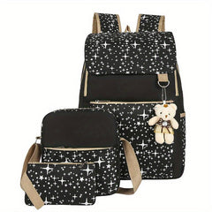 3pcs Large Capacity Backpack Shoulder Bag Cultch Set Canvas Stars Printed