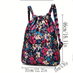 Flower Print Backpack Drawstring Sports Bag for Travel