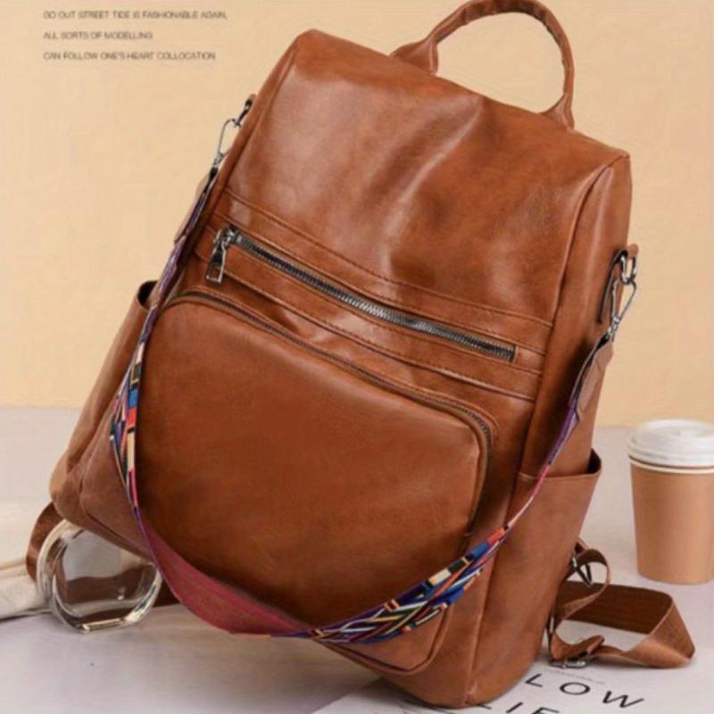 Large Capacity Strap Decor Backpack PU Leather Durable Lightweight