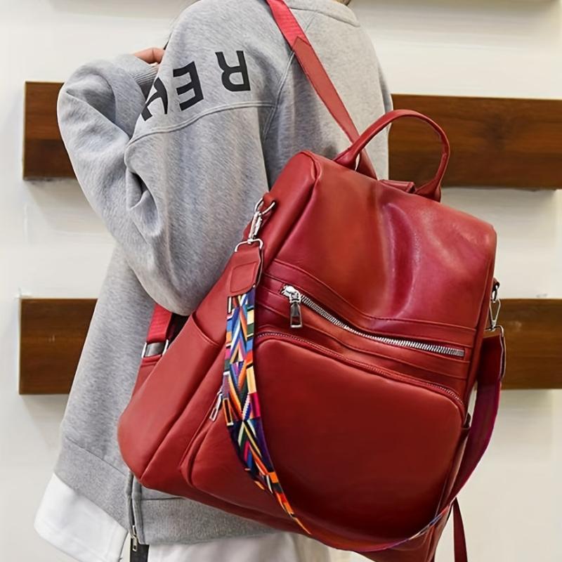 Large Capacity Strap Decor Backpack PU Leather Durable Lightweight