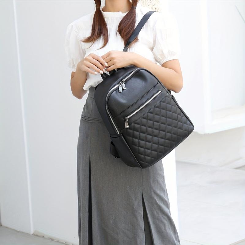 Casual Solid Backpack Argyle Pattern Quilted Travel Daypack Minimalist Bag