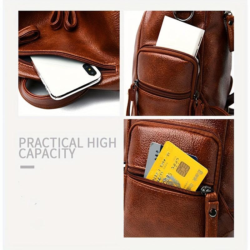 Vintage Zipper Backpack Solid Rucksack Rivets Women's Daypack