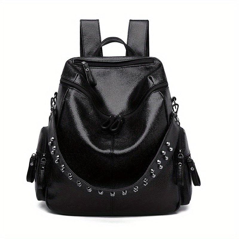 Vintage Zipper Backpack Solid Rucksack Rivets Women's Daypack