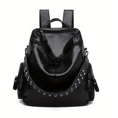 Vintage Zipper Backpack Solid Rucksack Rivets Women's Daypack